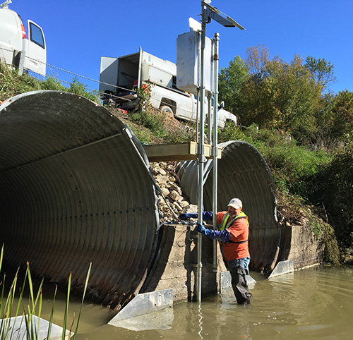 USGS staff inspecting streamgaging station